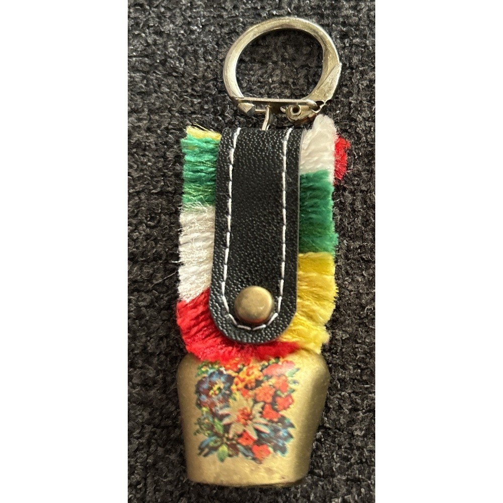 Vintage Austrian mini Brass Cow Bell Hanging Edelweiss Flowers Ribbon keychain